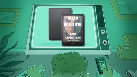 Man watching television screen displaying a Amazon Kindle Colorsoft Signature Edition. 
